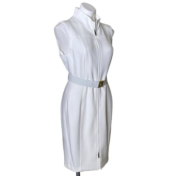 Tommy Hilfiger Ivory Scuba Sheath Dress, NWT $119 Front Zip Belt Women's Size 12 - Picture 4 of 12